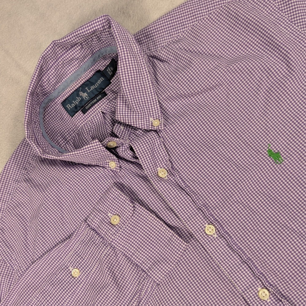 Ralph Lauren Mens Gingham Button Down Shirt Purple White Custom Fit Large